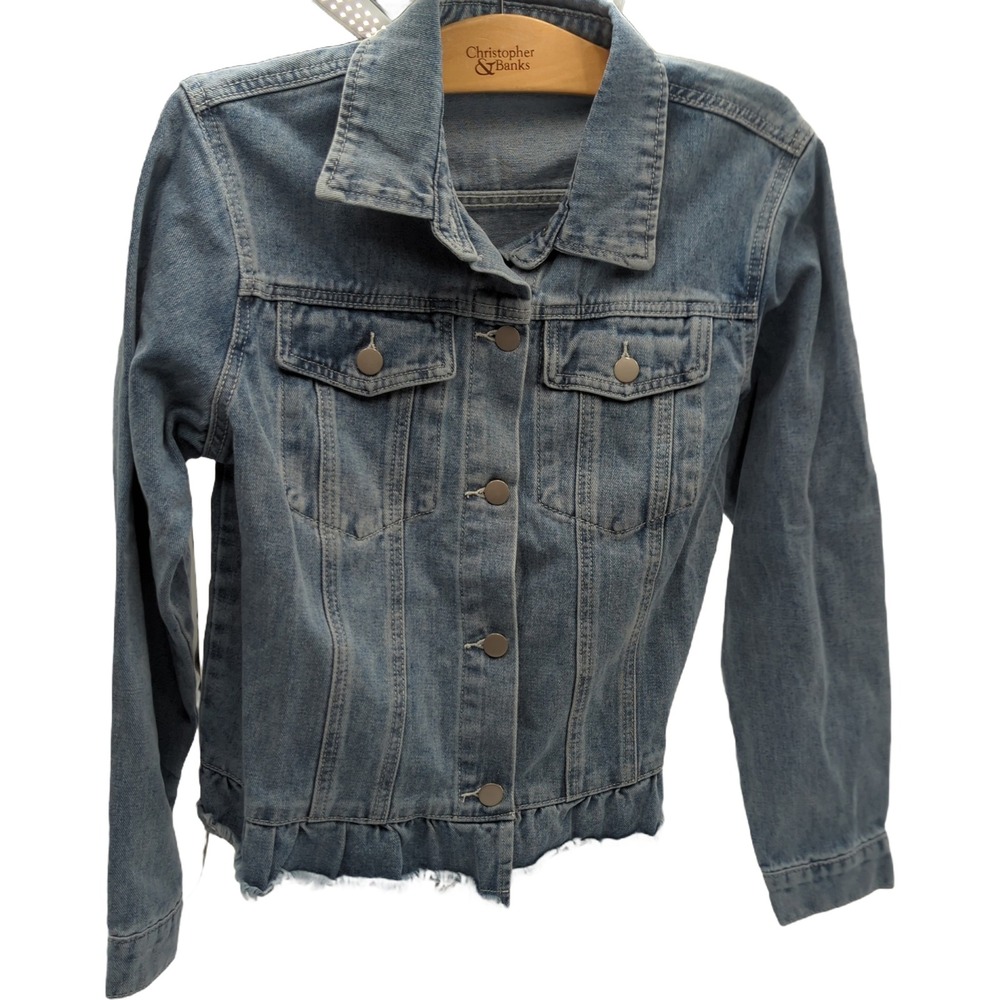 Womens Light Wash Ruffle Hem Denim Jacket Frayed Edge Blue Jean Trucker Small